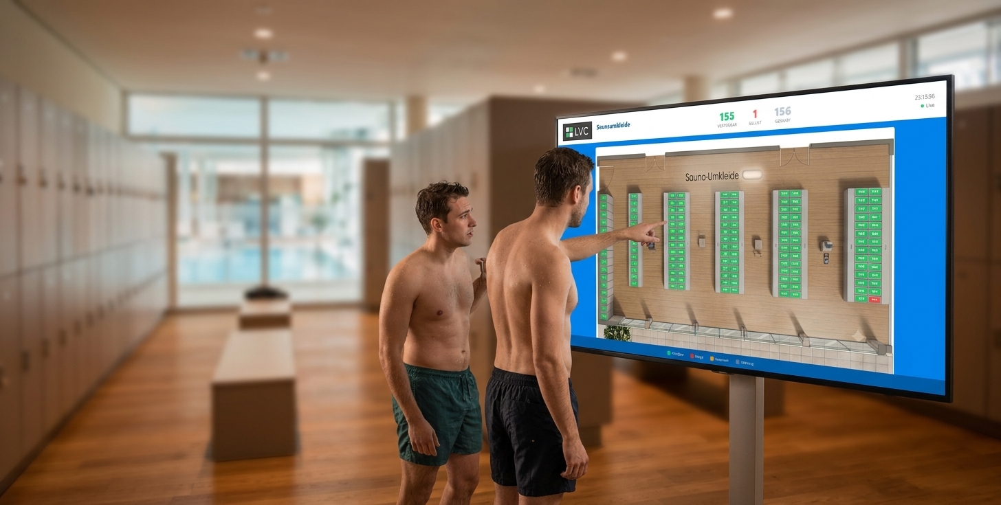 Zwei Gäste stehen vor einem Wandbildschirm in der Sauna-Umkleide und sehen die freien und belegten Spinde