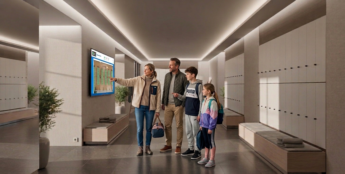 Eine Familie steht in einer modernen Umkleide vor einem Wandbildschirm mit Locker Visual Control und sieht auf einen Blick, welche Spinde frei sind