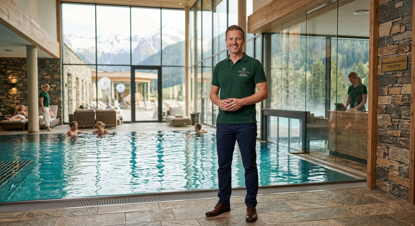Betriebsleiter steht am Beckenrand der Therme