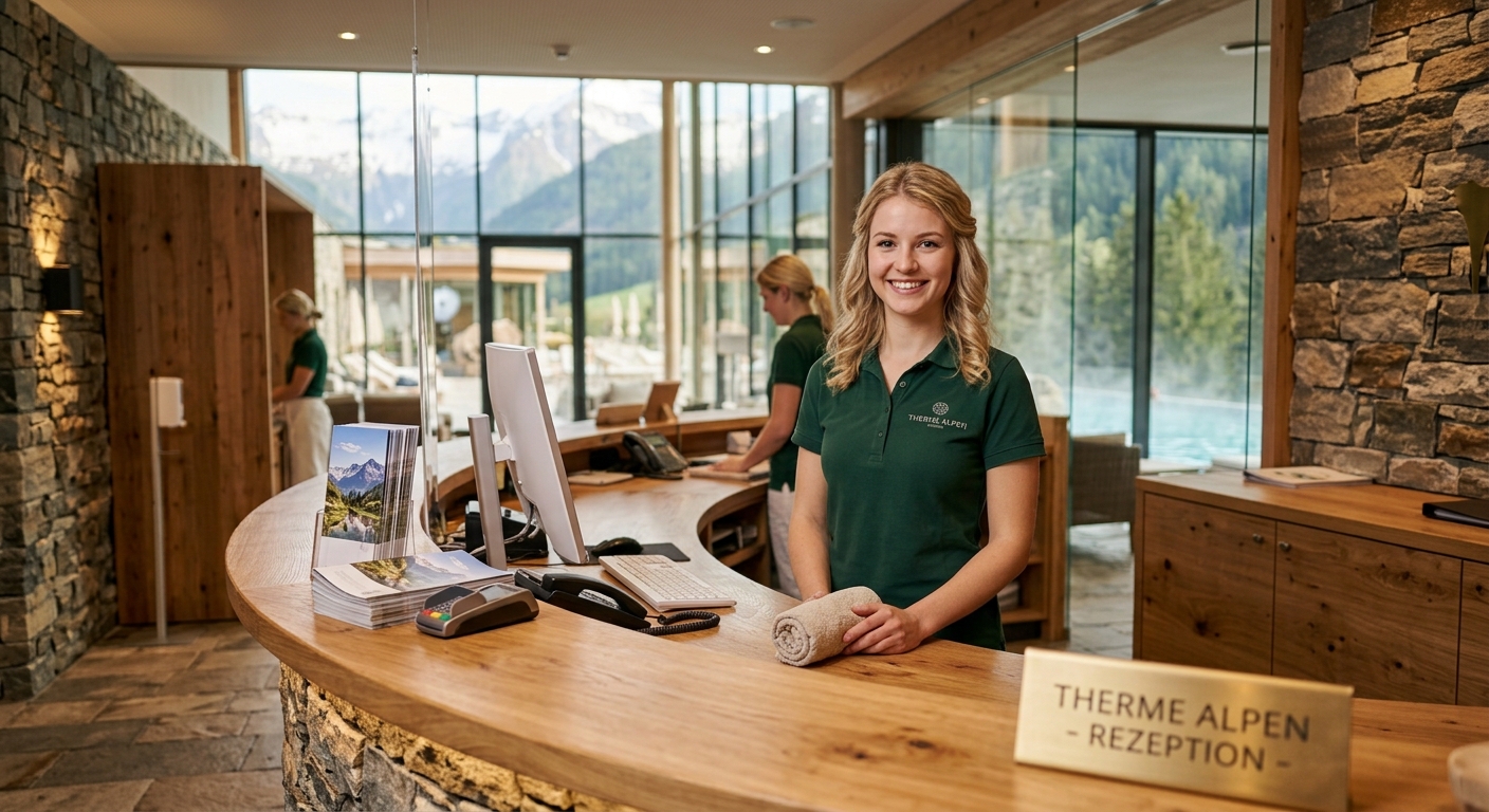 Freundliche Mitarbeiterin am Empfang der Therme
