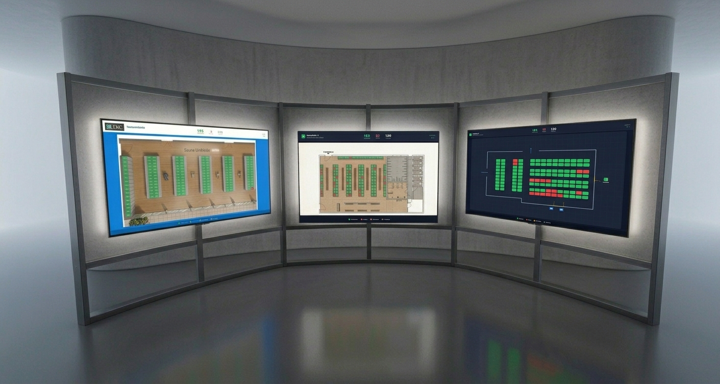 Drei Wandbildschirme zeigen unterschiedliche Locker-Visual-Control-Ansichten mit grünen und roten Spindkacheln